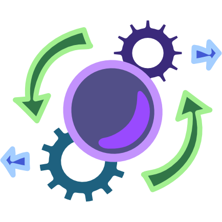 A purple sphere sits  in front of a pair of cogs, two curved green arrows point between the cogs making a circular motion around the sphere.  To the right of the top cog is a small blue arrow pointing right, to the left of the bottom cog is a second blue arrow, this one points left. The image has light line art.